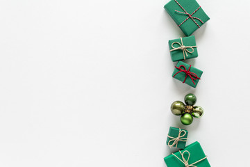 Christmas composition. Gift bauble top view background with copy space for your text. Flat lay.