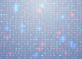 Vector hex code background with highlight an important element, error, memory vulnerability. Big data and programming hacking, decryption and encryption, computer streaming. Coding Hacker