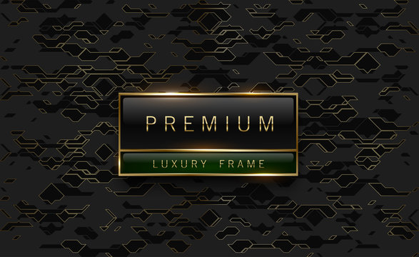 Premium black green label with golden frame on black geometric background golden lines. Dark luxury logo template. Vector illustration