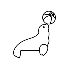 Trained fur seal playing with ball vector sketch icon isolated on background. Trained fur seal playing with ball sketch icon for infographic, website or app.