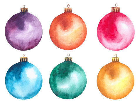Watercolor Christmas balls. Holiday design elements, isolated on white background. Hand painted