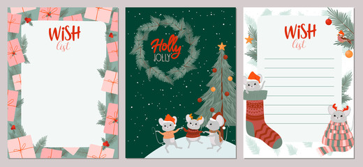 Set of Merry Christmas and New Year greeting card and wish list with cute mouse and holiday elements. Editable vector illustration