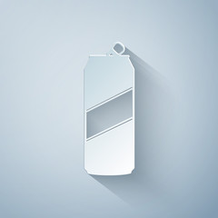 Paper cut Aluminum can icon isolated on grey background. Paper art style. Vector Illustration