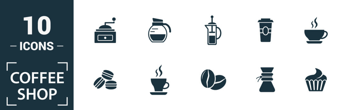 Coffe Shop icon set. Include creative elements coffee beans, cappuccino, coffee machine, coffee to go, ice coffee icons. Can be used for report, presentation, diagram, web design