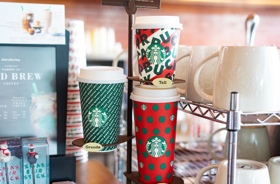 BANGKOK, THAILAND NOV 05 2019: New! Cup Christmas Collection2019 in Starbuck Coffee shop in Christmas Celebration.Starbucks is the world's largest coffee house with over 20,000 stores in 61 countries.