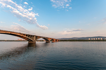 The bridge over the Yenisei River  summer evening, Krasnoyarsk, Russia.