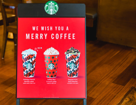BANGKOK, THAILAND NOV 05 2019: New! Coffee bean Christmas Collection2019 in Starbuck Coffee shop in Christmas.Starbucks is the world's largest coffee house with over 20,000 stores in 61 countries.