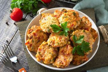 Chicken meatballs with minced meat with tomatoes in a bowl on a wooden rustic table with copy space.