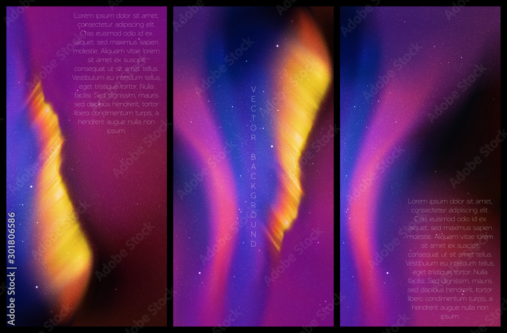 Sticker vector set of vertical banners with beautiful starry sky and northern lights. illustration with auro