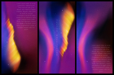 Vector set of vertical banners with beautiful starry sky and Northern lights. Illustration with aurora borealis in neon colors. Abstract colorful cards for design - obrazy, fototapety, plakaty