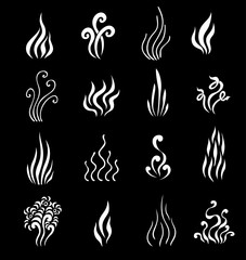 Set of Aromas icons. Symbols of vapor  smoking and cooking smells in line art style white on black