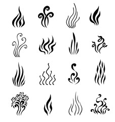Set of Aromas icons. Symbols of vapor  smoking and cooking smells in line art style black on white
