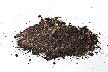 Heap of black soil on a white background with small roots