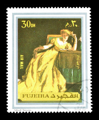 Cancelled postage stamp printed by Fujeira, that shows Painting  by Alfred Stevens, circa 1972.