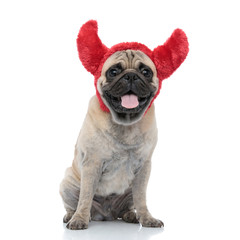 cute pug wearing devil horns and sticking out tongue