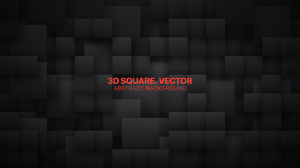 Conceptual 3D Vector Different Size Square Blocks Technological Dark Abstract Background. Science Technology Tetragonal Structure Darkness Wallpaper. Black Friday Sale Blank Tech Backdrop