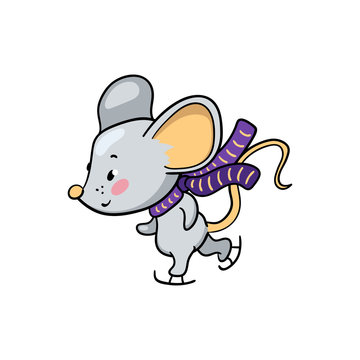 Cute mouse character skating. Friendly rat vector illustration on white background. 2020 New Year sticker.