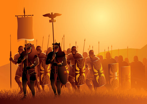 Ancient Rome legionary march in the grass field