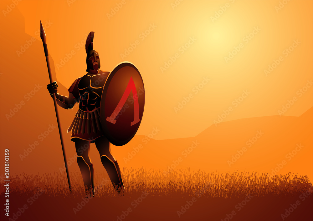 Wall mural ancient warrior with his shield and spear standing gallantly on grass field - Wall murals