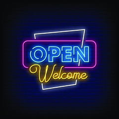 Open Welcome Neon Signs Style Text Vector
