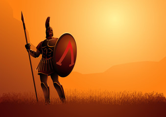 Ancient warrior with his shield and spear standing gallantly on grass field - obrazy, fototapety, plakaty