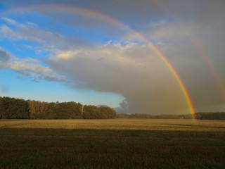 rainbow over field with blue sky and clouds