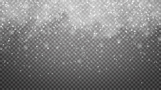 Falling snow on transparent background. Snowfall texture, snowflakes are falling down, transparent overlay effect. Realistic Christmas snow