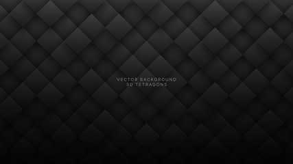 Black 3D Vector Rhombus Pattern Abstract Background. Science Technologic Conceptual Tetragonal Structure Dark Gray Wallpaper. Three Dimensional Tech Clear Blank Subtle Textured Backdrop - obrazy, fototapety, plakaty