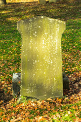 Tombstone in cemetery on sunny day. Gravestone, object of religion and death theme. Without...