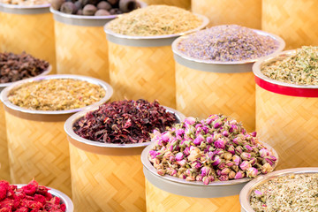Colorful spices at the arab street market. Dubai Spice Souk in United Arab Emirates.