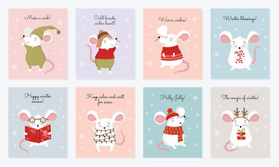 Vector collection of cards with hand drawing cute winter rats in cozy clothes. Creative banner with funny mice for New 2020 Year.