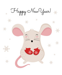 Fototapeta premium Vector poster with hand drawing cute winter rat in cozy clothes. Creative banner with funny mouse for New 2020 Year.