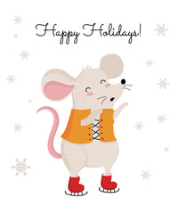 Vector poster with hand drawing cute winter rat in cozy clothes. Creative banner with funny mouse for New 2020 Year.
