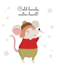 Vector poster with hand drawing cute winter rat in cozy clothes. Creative banner with funny mouse for New 2020 Year.