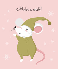 Vector poster with hand drawing cute winter rat in cozy clothes. Creative banner with funny mouse for New 2020 Year.