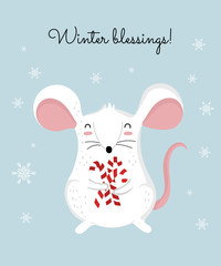 Vector poster with hand drawing cute winter rat and candies. Creative banner with funny mouse for New 2020 Year.