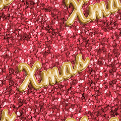 Seamless Pattern in red glitter background and Christmas foil balloon text 