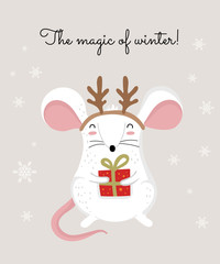 Vector poster with hand drawing cute winter rat and gift. Creative banner with funny mouse for New 2020 Year.