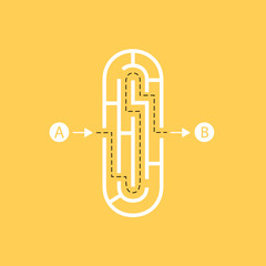 Letter shape Maze Labyrinth, maze with one way to entrance and one way to exit. Flat design, vector illustration.