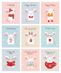 Vector collection of cards with hand drawing cute winter rats in cozy clothes. Creative banners with funny mice for New 2020 Year