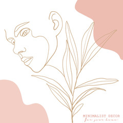 Obraz na płótnie Canvas Continuous line, drawing of woman face, fashion concept, woman beauty minimalist with geometric doodle Abstract floral elements pastel colors. One line continuous drawing. vector illustration
