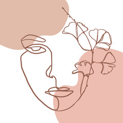 Continuous line, drawing of woman face, fashion concept, woman beauty minimalist with geometric doodle Abstract floral elements pastel colors. One line continuous drawing. vector illustration