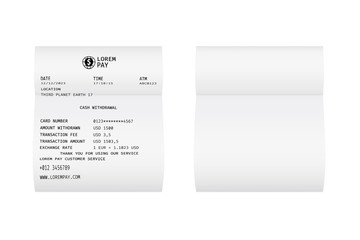 Template of a white paper receipt. Blank check from a shop, supermarket or restaurant.