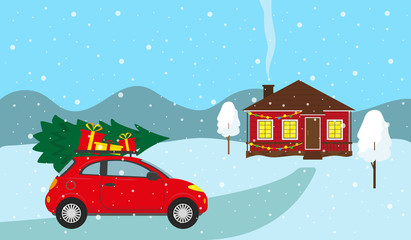 Winter snowy Christmas landscape illustration.