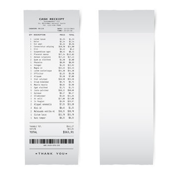 Blank white paper shop check. Template of a bill from supermarket of restaurant.