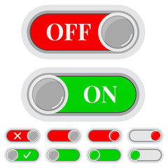 On Off switches sliders red and green icon set isolated on white background.