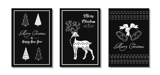 Fototapeta na wymiar New Year and Christmas greeting cards. Set of flat design black and white modern vector illustrations. 