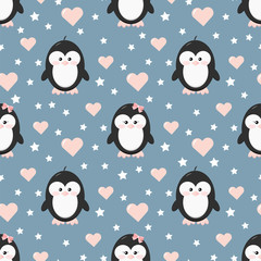Penguin couple boy and girl baby in love seamless pattern with pink hearts, stars on blue background.