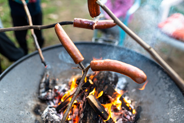 Obraz premium Sausages on a wooden stick baked over a bonfire in the home garden.