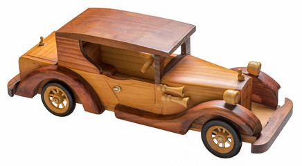 Vintage toy wooden toy car isolated on white background
